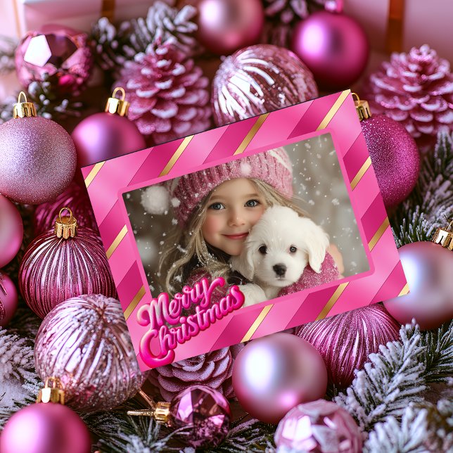 Cartes Pour Fêtes Annuelles Photo de Noël Berry Pink et Blush (Brilliant Pink Blush and Gold Merry Christmas Photo Greeting Card )