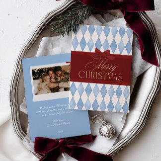Cartes Pour Fêtes Annuelles Photo de Noël bleu avec un élégant nœud rouge vint