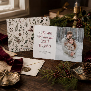 Cartes Pour Fêtes Annuelles Photo de Noël botanique élégant des jeunes mariés 