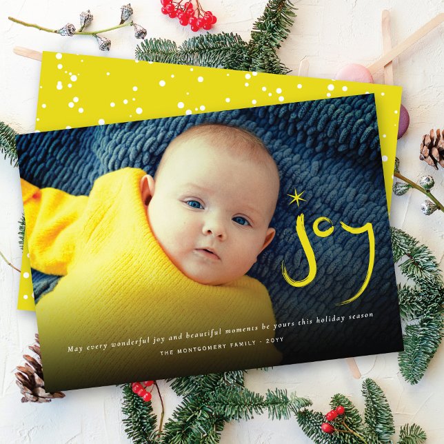 Cartes Pour Fêtes Annuelles Photo de Noël calligraphié Joie Brosse Jaune (Créateur téléchargé)