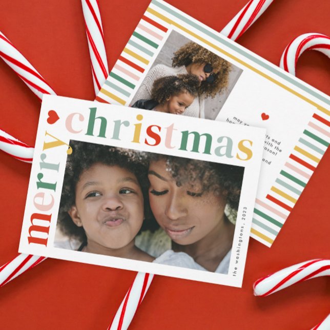 Cartes Pour Fêtes Annuelles Photo de Noël colorée moderne (A modern colorful typography 2 photo merry Christmas holiday card.)