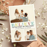 Cartes Pour Fêtes Annuelles Photo de Noël contemporaine 'CROIRE'<br><div class="desc">Envoyez les voeux de Noël à vos amis et à votre famille cette année avec cette carte de vacances photo contemporaine de Noël,  avec un collage photo de 3,  le texte 'CROIRE' dans des teintes de couleurs apaisantes,  l'expression 'dans la magie à noël',  et vos noms.</div>
