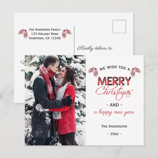 Cartes Pour Fêtes Annuelles Photo de Noël de Buffalo Plaid Pinecone (Devant / Derrière)