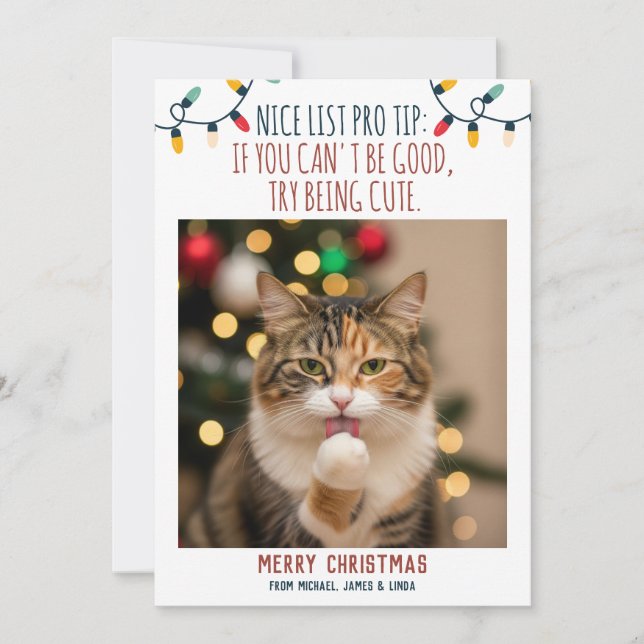 Cartes Pour Fêtes Annuelles Photo de Noël de chat drôle avec des noms personna (Devant)