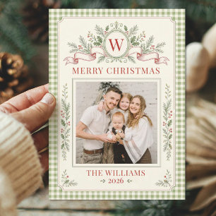 Cartes Pour Fêtes Annuelles Photo de Noël de famille avec monogramme et gingha