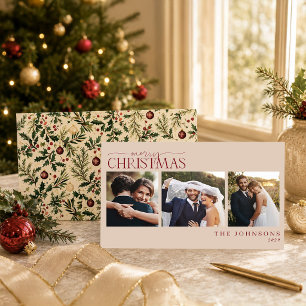 Cartes Pour Fêtes Annuelles Photo de Noël de jeunes mariés botanique classique
