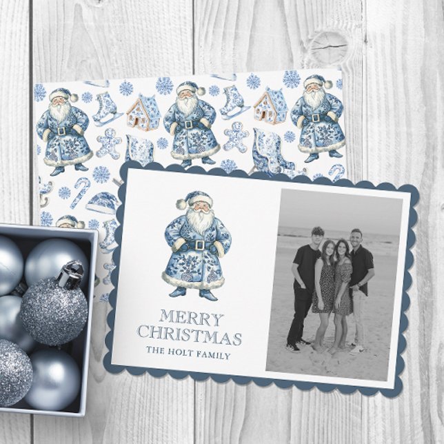 Cartes Pour Fêtes Annuelles Photo de Noël de la Chinoiserie bleue Père Noël (Créateur téléchargé)