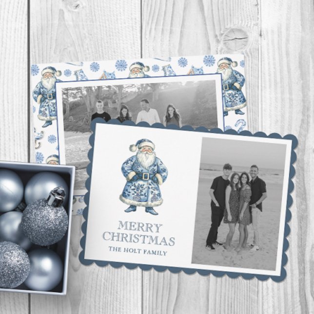 Cartes Pour Fêtes Annuelles Photo de Noël de la Chinoiserie bleue Père Noël (Créateur téléchargé)