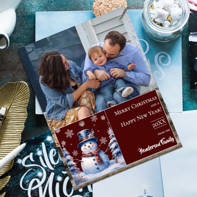 Cartes Pour Fêtes Annuelles Photo de Noël de la forêt d'hiver | Red (Red Winter Forest Snowman Christmas Photo Holiday Card)