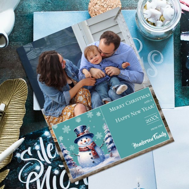 Cartes Pour Fêtes Annuelles Photo de Noël de la forêt d'hiver | Sarcelle (Teal Winter Forest Snowman Christmas Photo Holiday Card)