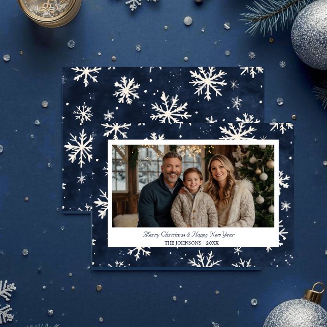 Cartes Pour Fêtes Annuelles Photo de Noël de la Marine Blue Snowflacon (Navy Blue Snowflake Christmas Photo Holiday Card)