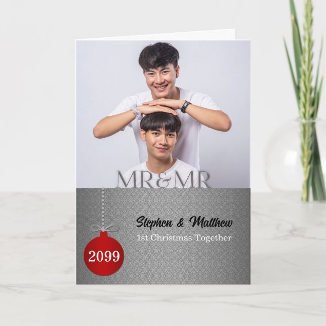 Cartes Pour Fêtes Annuelles Photo de Noël de M. et M. en Damask argenté (Devant)