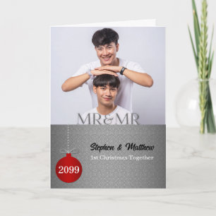 Cartes Pour Fêtes Annuelles Photo de Noël de M. et M. en Damassé argenté 1er N
