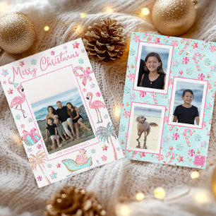 Cartes Pour Fêtes Annuelles Photo de Noël de plage de flamant rose et aqua