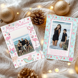 Cartes Pour Fêtes Annuelles Photo de Noël de plage de flamant rose et aqua