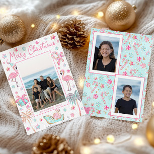 Cartes Pour Fêtes Annuelles Photo de Noël de plage de flamant rose et aqua