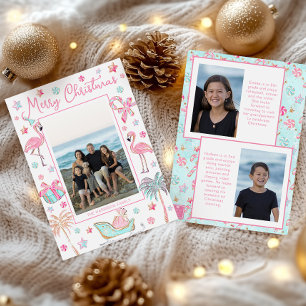Cartes Pour Fêtes Annuelles Photo de Noël de plage de flamant rose et aqua