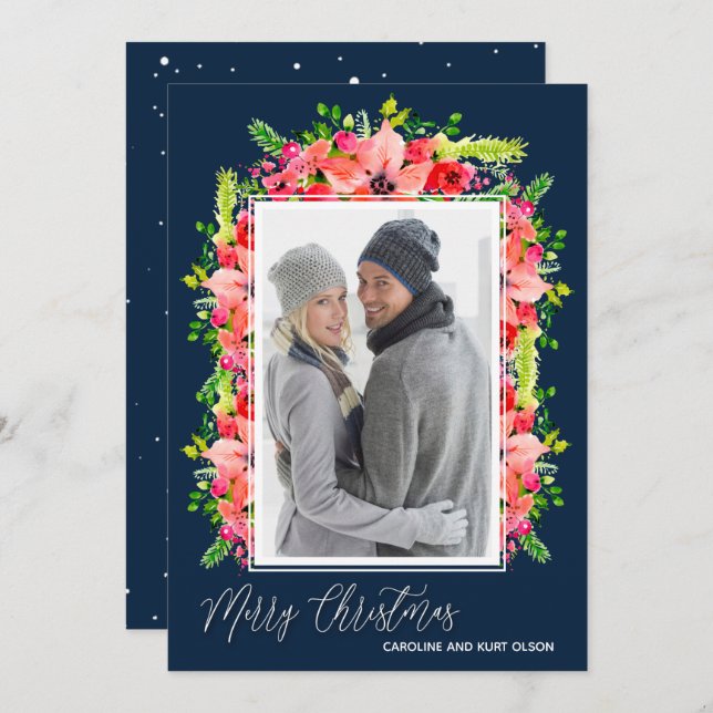 Cartes Pour Fêtes Annuelles Photo de Noël de Poinsettias (Devant / Derrière)