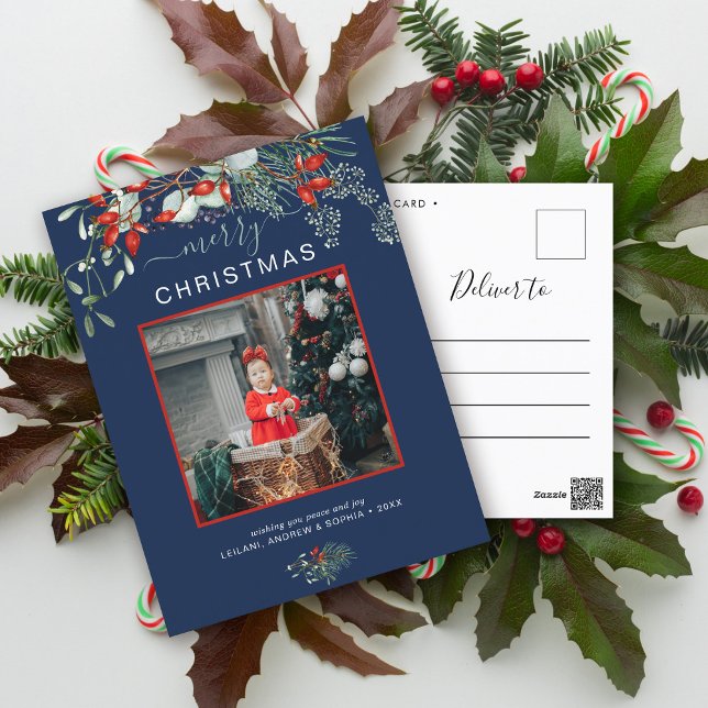Cartes Pour Fêtes Annuelles Photo de Noël de verdure Aquarelle bleu marine (You will love these beautiful Christmas cards! They feature botanical watercolor pine and berries.)
