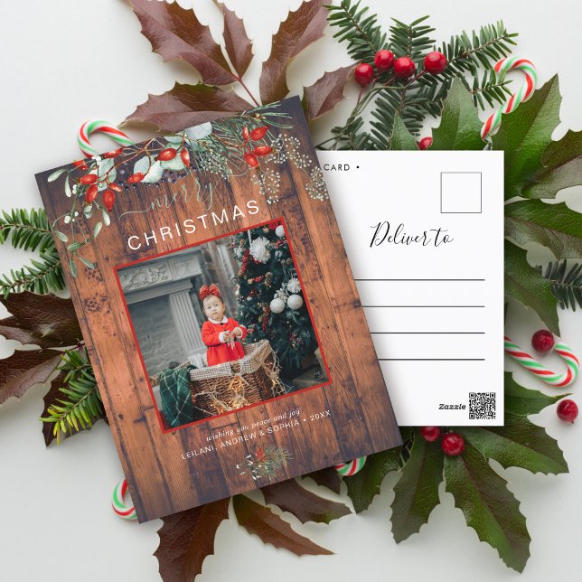 Cartes Pour Fêtes Annuelles Photo de Noël de verdure Aquarelle Bois rustique (You will love these beautiful Christmas cards! They feature botanical watercolor pine and berries.)