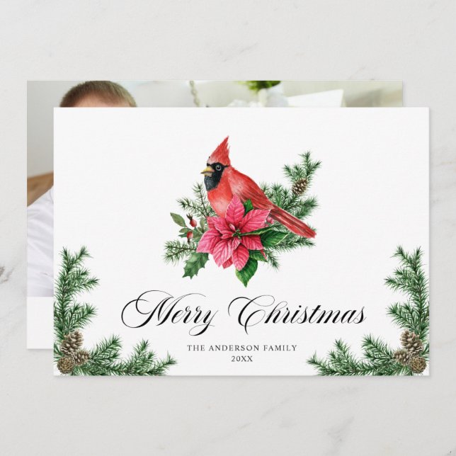 Cartes Pour Fêtes Annuelles PHOTO de Noël du Cardinal Rouge de Poinsettia (Devant / Derrière)
