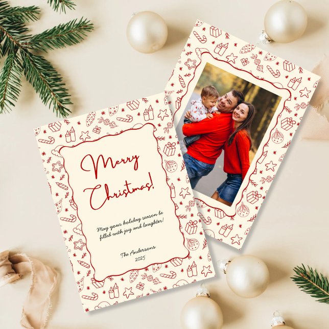 Cartes Pour Fêtes Annuelles Photo de Noël du Doodle Rouge Whimsical tiré à la  (Créateur téléchargé)