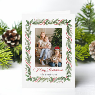 Cartes Pour Fêtes Annuelles Photo de Noël élégant avec verdure et ruban