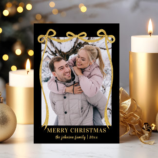 Cartes Pour Fêtes Annuelles Photo de Noël élégant noir et or avec un nœud