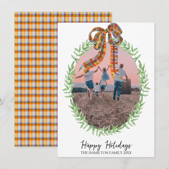 Cartes Pour Fêtes Annuelles Photo de Noël En vichy Coquette Wreath (Devant / Derrière)