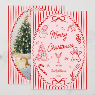 Cartes Pour Fêtes Annuelles Photo de Noël fantaisiste rouge rose dessiné à la