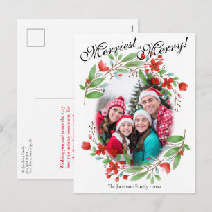 Cartes Pour Fêtes Annuelles Photo de Noël florale à l'aquarelle rouge joyeuse