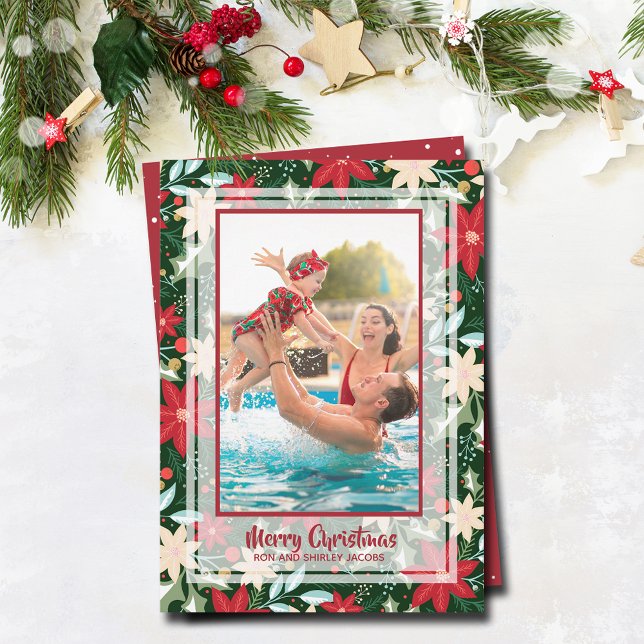 Cartes Pour Fêtes Annuelles Photo de Noël florale de Poinsettia (Poinsettia floral Christmas  holiday photo cards)