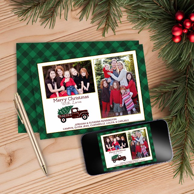 Cartes Pour Fêtes Annuelles Photo de Noël Green Plaid Tree Red Truck Holiday (Christmas Green Plaid Tree Red Truck Holiday Photo Card)