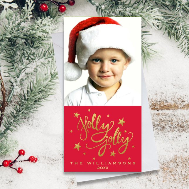 Cartes Pour Fêtes Annuelles Photo de Noël Holly Jolly | Or blanc (Créateur téléchargé)