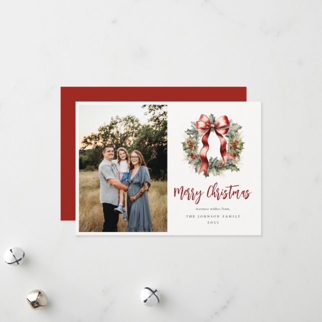 Cartes Pour Fêtes Annuelles Photo de Noël Holly Wreath (Devant/Arrière en situation)
