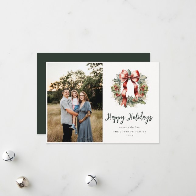 Cartes Pour Fêtes Annuelles Photo de Noël Holly Wreath (Devant/Arrière en situation)