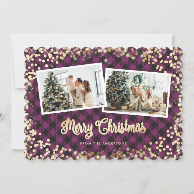 Cartes Pour Fêtes Annuelles Photo de Noël Magie Purple Plaid Gold (Devant)