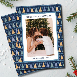 Cartes Pour Fêtes Annuelles Photo de Noël moderne Arbres d'or bleu