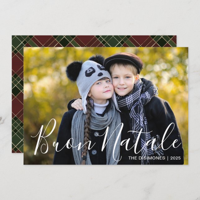 Cartes Pour Fêtes Annuelles Photo de Noël moderne Buon Natale Plaid (Devant / Derrière)
