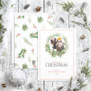 Cartes Pour Fêtes Annuelles Photo de Noël moderne Holly Berry Wreath Joyeux