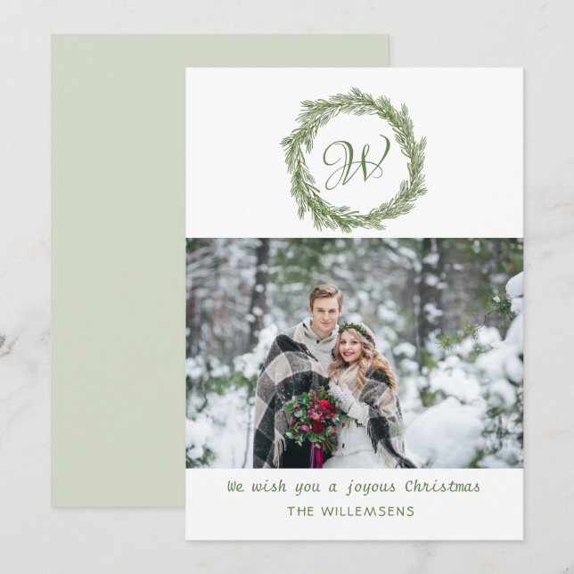 Cartes Pour Fêtes Annuelles Photo de Noël Monogram Pine Wire (Devant / Derrière)