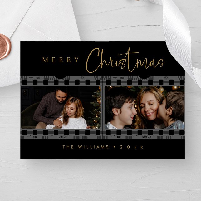 Cartes Pour Fêtes Annuelles Photo de Noël noir et or unique (Personalized Unique Black and Gold Christmas Photo Holiday Card)