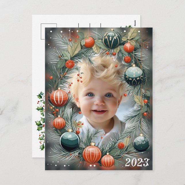 Cartes Pour Fêtes Annuelles Photo de Noël personnalisée verte de fête (Devant / Derrière)