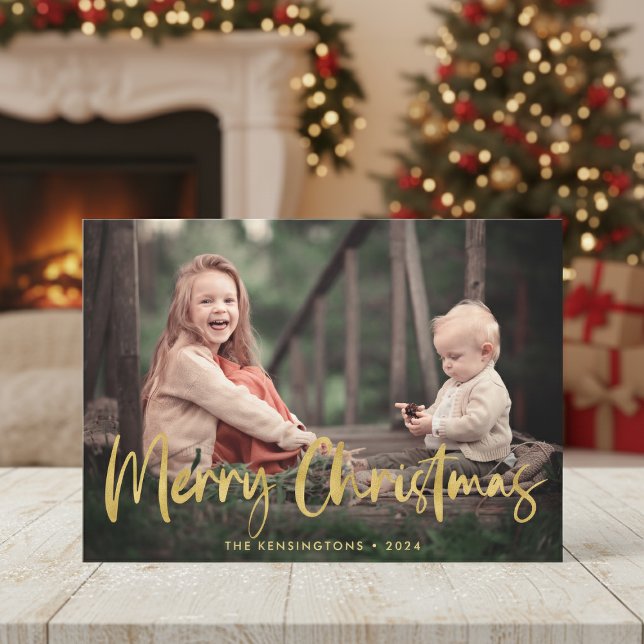 Cartes Pour Fêtes Annuelles Photo de Noël Plaid Gold Foil Script (Christmas Plaid Gold Foil Script Holiday Photo Cards with instant download option)