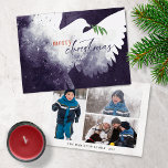 Cartes Pour Fêtes Annuelles Photo de Noël Purple Dove<br><div class="desc">Ces cartes de voeux de Noël à plat 7" x 5" présentent une colombe abstraite dans les tons violets. "Joyeux Noël" en orange brûlé et violet profond avec une branche d'olivier verte. Customisez avec votre nom de famille et votre année. Le dos a trois photos,  un portrait,  deux paysages.</div>