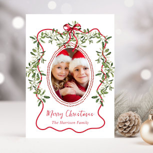 Cartes Pour Fêtes Annuelles Photo de Noël Red Wavy Frame Bow Green