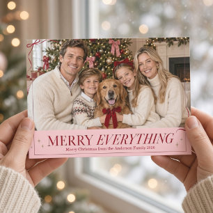Cartes Pour Fêtes Annuelles Photo de Noël rose bordeaux ruban « Joyeux Tout »
