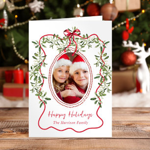 Cartes Pour Fêtes Annuelles Photo de Noël Rouge Cadre Ondulé Ruban Feuillage