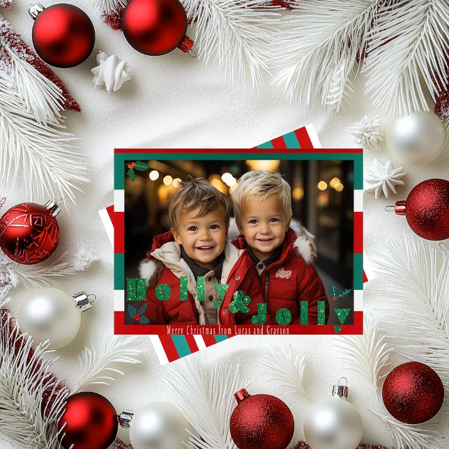 Cartes Pour Fêtes Annuelles Photo de Noël rouge et verte 'Holly & Jolly' (Cheery Striped Red and Green Christmas Photo Greeting Card)