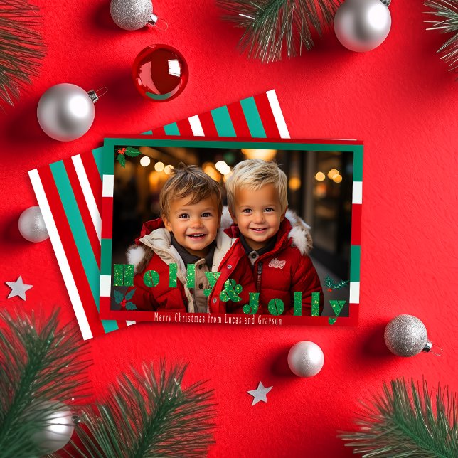 Cartes Pour Fêtes Annuelles Photo de Noël rouge et verte 'Holly & Jolly' (Festive Red Green and White Vibrant Traditional Christmas Photo Greeting Card)